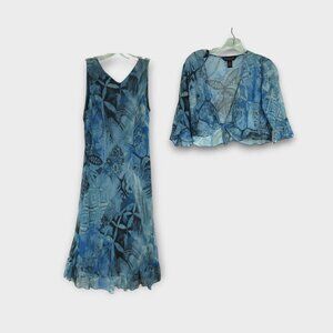 Robbie Bee 2PC Vintage Silk Slip Dress Size 4P Blue Black Print